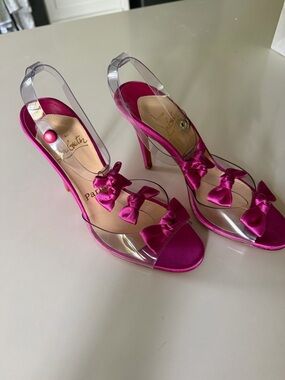 Christian Louboutin Hot Pink Satin Bow PVC Slingback Heels